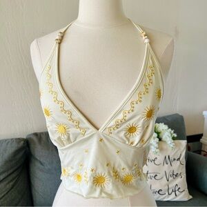 Cream Sun Embroidered Boho Halter Top